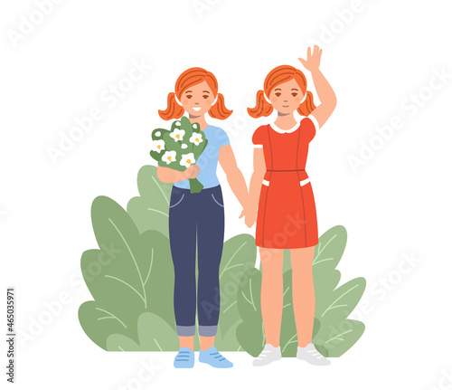 Two cheerful positive twin girls. Doubles, twin children - their similarity and difference in characters, brothers and sisters, friendship, mutual help, find a double. Flat vector illustration.