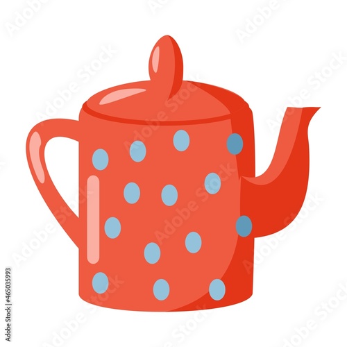 Ceramic kitchenware Red teapot with polka dots Cartoon vector illustration on white background.