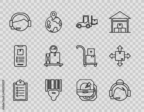 Set line Verification of delivery list clipboard, Support operator in touch, Forklift truck, Scanner scanning bar code, Scale with cardboard box, Pizza and Cardboard traffic symbol icon. Vector