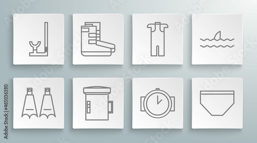 Set line Rubber flippers for swimming, Boots, Big flashlight diver, Diving watch, Swimming trunks, Wetsuit scuba diving, Shark fin ocean wave and Snorkel icon. Vector