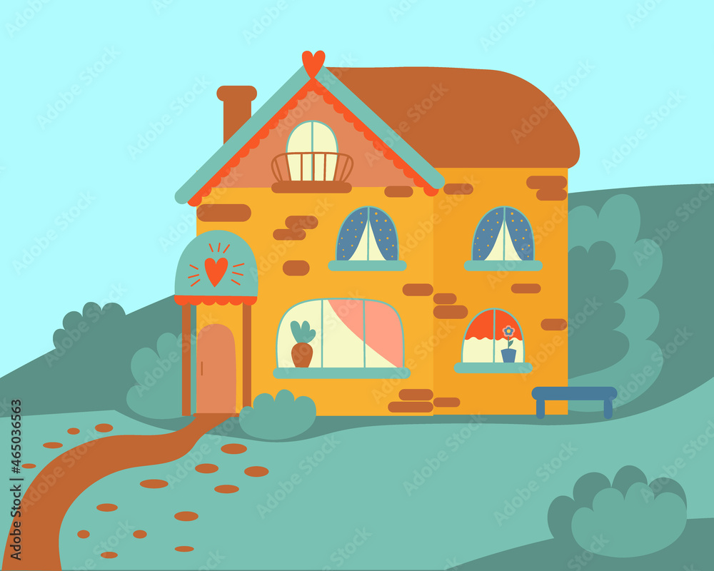Rustic two-storey house. Architectural summer landscape. House of grandparents. Postcard design. Illustration.
