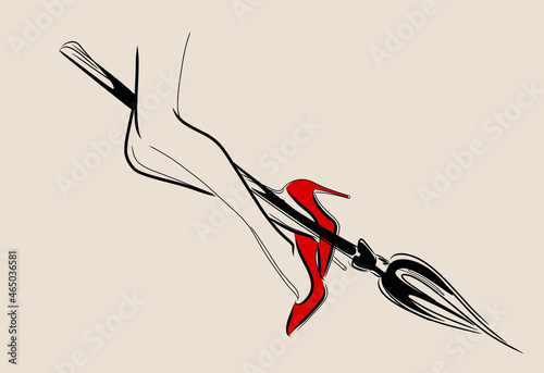 Vector original fashion illustration of halloween slender witch legs with broom. Woman fashion model logo design template.