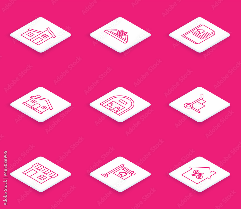 Set line House, Swimming pool with ladder, contract, Warehouse, Hand truck and boxes, Shopping building or market store and Hanging sign text Sale icon. Vector Set line House, Swimming pool with ladder, contract, Warehouse, Hand truck and boxes, Shopping building or market store and Hanging sign text Sale icon. Vector