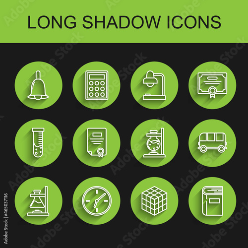 Set line Glass test tube flask on fire, Clock, Ringing bell, Rubik cube, Book, Certificate template, School Bus and icon. Vector