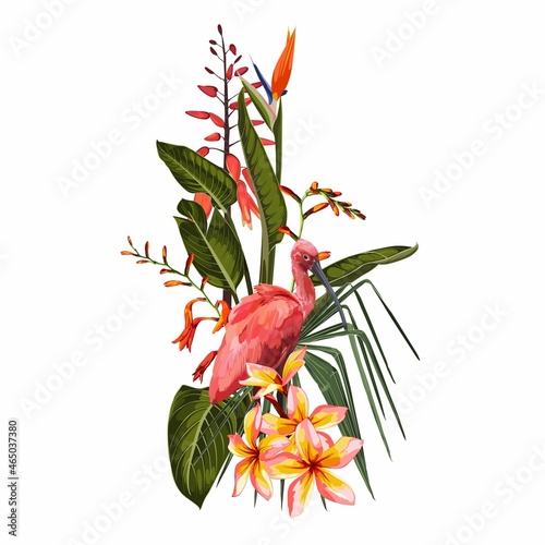 Tropical Invitation, floral invite thank you, rsvp modern card Design. Tropical bouquet with exotic tropical rainforest Scarlet Ibis bird and green  leaves, palms and flowers.