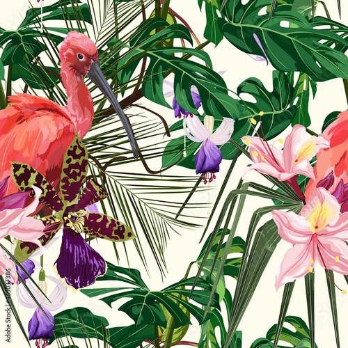 Birds Scarlet Ibis in the thickets of a flowering rainforest. Hand drawn  illustration. Tropical jungle on white background.