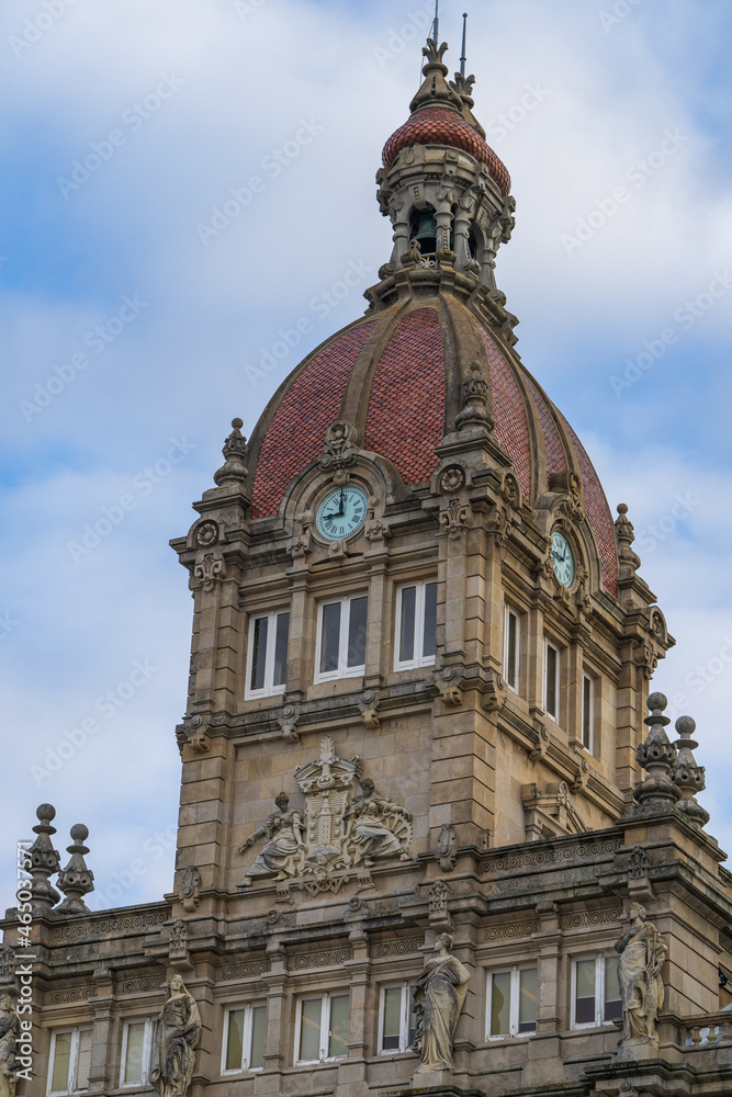 Tower and clock of the Town Hall of A Coruna in the Plaza de Maria Pita, in Galicia, Spain 