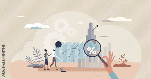 Microeconomics as local financial tendencies for business tiny person concept. Economics basic term for budget, inflation and demand percentage calculation vector illustration. Dynamic money data.