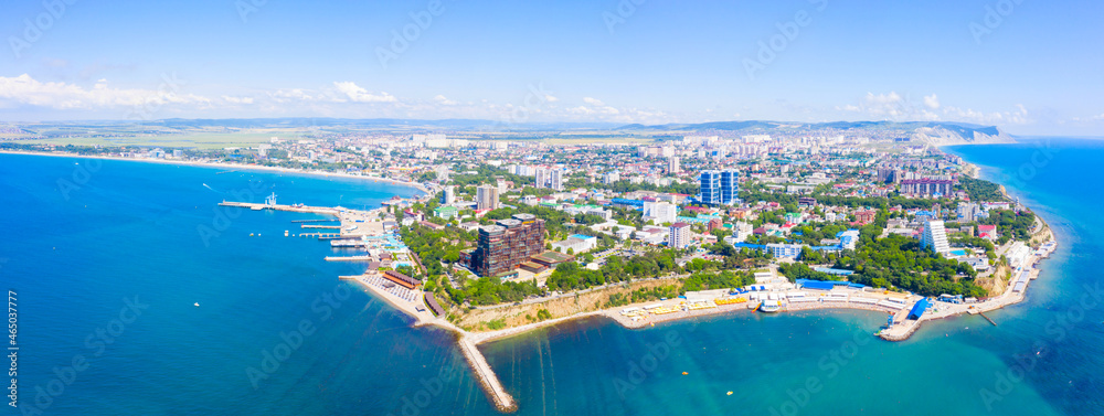 Wonderful panorama of the city of the resort of Anapa and the beaches in the city limits, a view from a drone from the sea