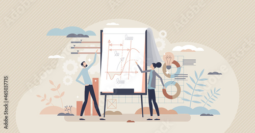 Project management courses and company data presentation tiny person concept. Efficiency and financial growth information reflection in flipchart scheme with company forecast vector illustration.