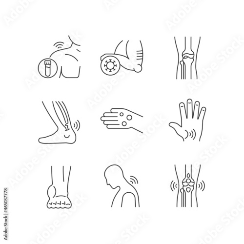 Joint problems linear icons set. Muscle aches. Tendons stiffness. Ligament sprain. Arthritis symptoms. Customizable thin line contour symbols. Isolated vector outline illustrations. Editable stroke