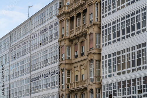 Typical glazed buildings of the city of A Coruna, in Galicia, Spain 