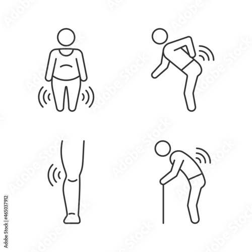 Elderly patients with arthritis linear icons set. Body weight. Back rheumatism. Joint damage in children. Customizable thin line contour symbols. Isolated vector outline illustrations. Editable stroke