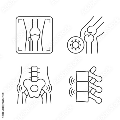 Extreme aching in bones linear icons set. Arthritis x ray. Infectious joint disease. Hips rheumatism. Customizable thin line contour symbols. Isolated vector outline illustrations. Editable stroke