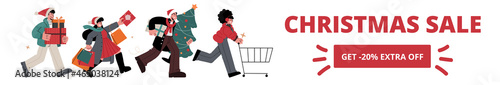 Christmas Sale long banner.People running to buy gifts for holidays and xmas.