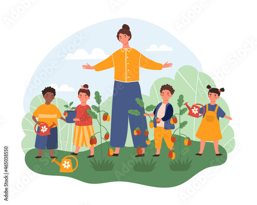 Kids engaged gardening concept. Woman together with young children waters flowers, plants and fruit trees. Boys and girls take care of environment and get harvest. Cartoon flat vector illustration