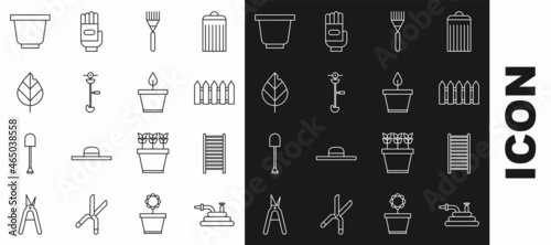 Set line Garden hose or fire hose, Wooden staircase, fence wooden, rake, Grass and weed electric string trimmer, Leaf, Flower pot and Plant icon. Vector