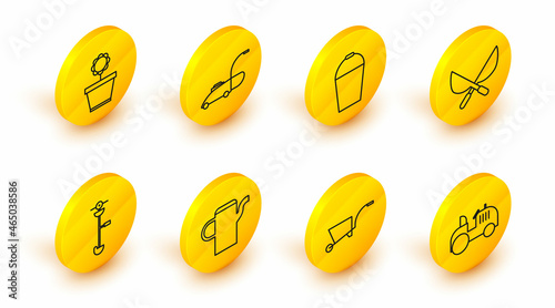 Set line Tractor, Wheelbarrow, Watering can, Grass and weed electric string trimmer, Gardening handmade scissors, Bucket, Lawn mower and Flower pot icon. Vector