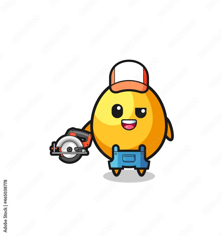 the woodworker golden egg mascot holding a circular saw the woodworker golden egg mascot holding a circular saw