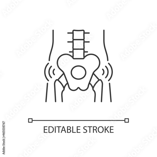 Hips rheumatism linear icon. Degenerative joint disease. Intense pain. Cartilage in hip worn away. Thin line customizable illustration. Contour symbol. Vector isolated outline drawing. Editable stroke