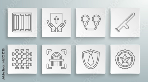 Set line Prison window, Oath the Holy Bible, Fingerprint, Tie, Police badge, Handcuffs, rubber baton and icon. Vector