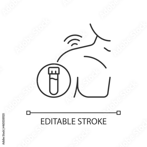 Rheumatism blood tests linear icon. Diagnosing rheumatoid arthritis. Measure antibodies in blood. Thin line customizable illustration. Contour symbol. Vector isolated outline drawing. Editable stroke