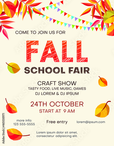 Fall school fair announcing poster template with autumn foliage and bunting flags. Invitation with customized text for seasonal craft show or market flyer.