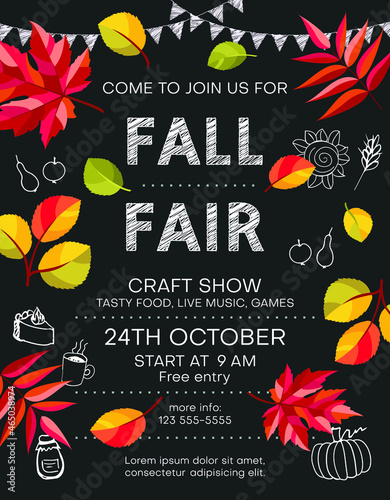 Fall fair announcing poster template with food icons and colorful leaves. Invitation with customized text for seasonal craft show or market flyer.