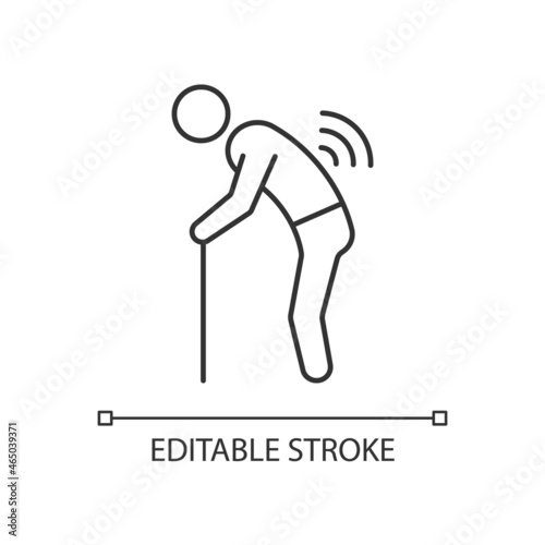 Risk factor linked to age linear icon. Elderly man with back ache. Spinal arthritis development. Thin line customizable illustration. Contour symbol. Vector isolated outline drawing. Editable stroke