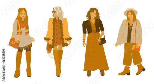 Set of 4 hipster girls in boho outfits. Modern women in casual wear. Flat vector illustration on white background