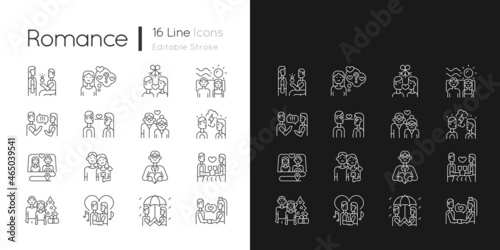 Romance linear icons set for dark and light mode. Romantic love. Partners spending time together. Customizable thin line symbols. Isolated vector outline illustrations. Editable stroke