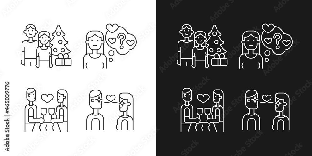 Couple in love linear icons set for dark and light mode. Love at first sight. Doubting stage of relationship. Customizable thin line symbols. Isolated vector outline illustrations. Editable stroke