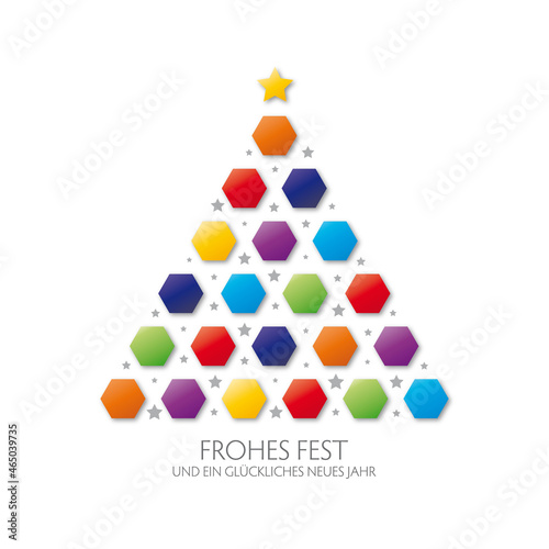 Bunter fröhlicher Weihnachtsgruß - grafische Elemente mit Weihnachtsbaum - deutscher Text - frohes Fest und ein glückliches neues Jahr