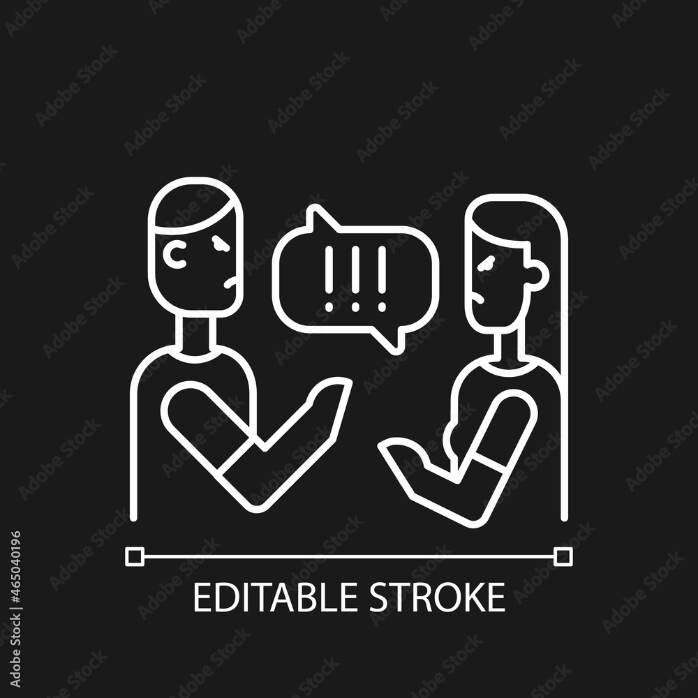 Couple criticizing each other white linear icon for dark theme. People quarreling. Open criticism. Thin line customizable illustration. Isolated vector contour symbol for night mode. Editable stroke