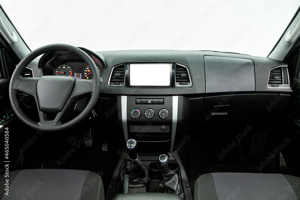 close-up of the dashboard, player, steering wheel, accelerator handle, buttons, seats.