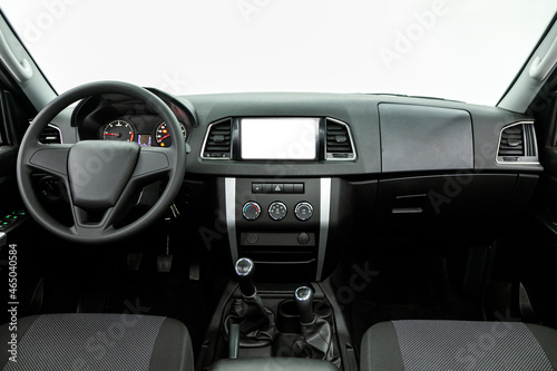close-up of the dashboard, player, steering wheel, accelerator handle, buttons, seats. © Виталий Сова