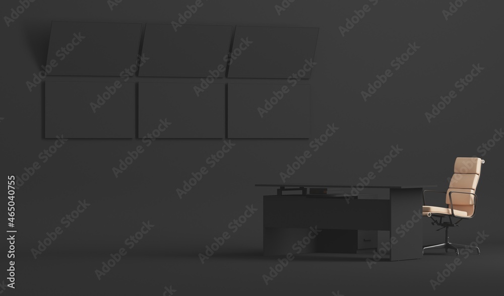 Black and grey monochrome minimal office table desk. Side view of successful trader or businessman. Workspace with an empty computer and monitor on the wall. 3d render