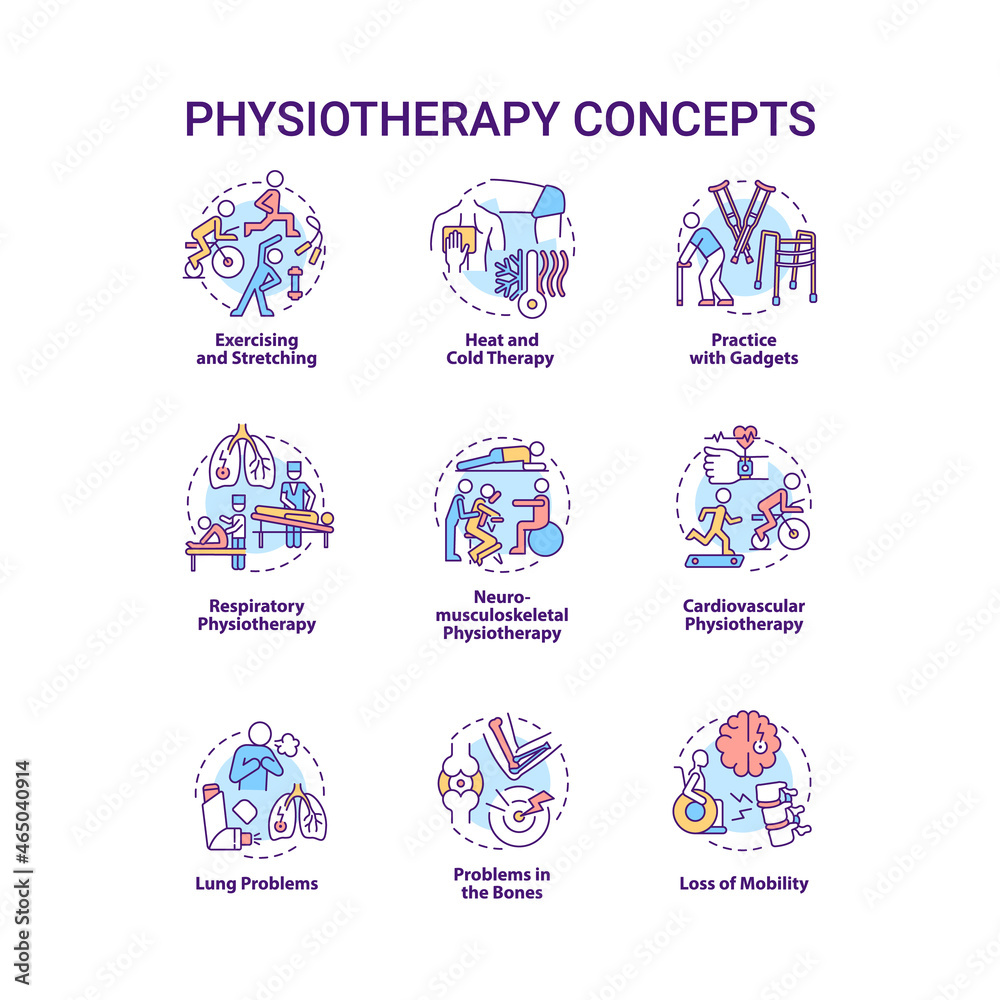 Physiotherapy concept icons set. Exercising and stretching. Heat and cold therapy. Therapist treatment idea thin line color illustrations. Vector isolated outline drawings. Editable stroke