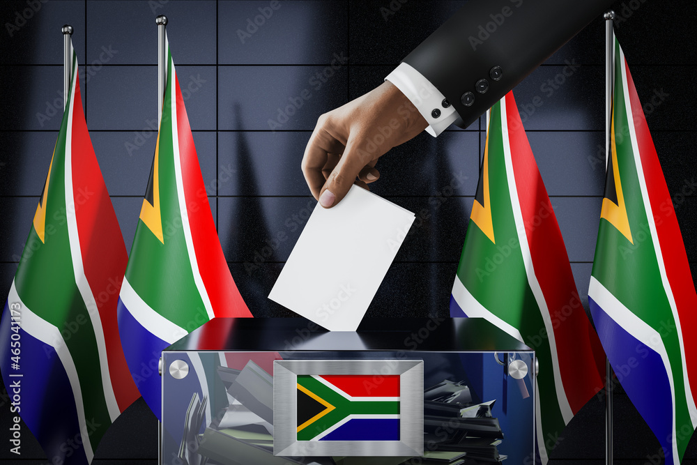 South Africa flags, hand dropping ballot card into a box voting