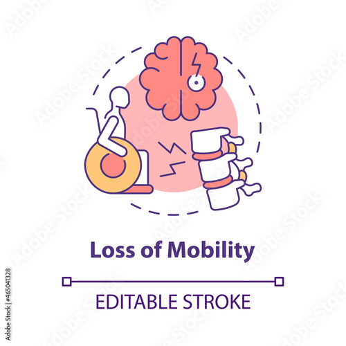 Loss of mobility concept icon. Person with disability in wheelchair. Neurological disorder. Physiotherapy abstract idea thin line illustration. Vector isolated outline color drawing. Editable stroke