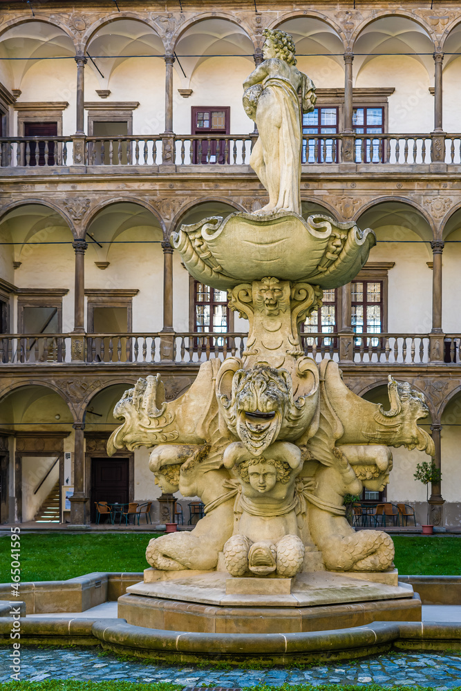 Obraz premium View of the fountain in the inner courtyard of the Renaissance chateau Bucovice