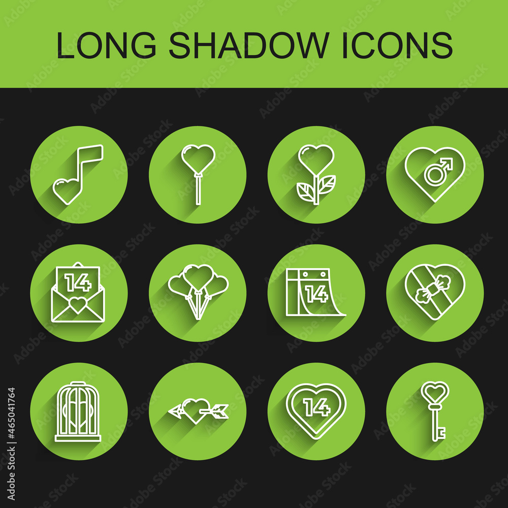 Set line Heart in the bird cage, Amour with heart and arrow, Music note, tone hearts, Key shape, Balloons form of, Candy shaped box and Calendar February 14 icon. Vector Set line Heart in the bird cage, Amour with heart and arrow, Music note, tone hearts, Key shape, Balloons form of, Candy shaped box and Calendar February 14 icon. Vector