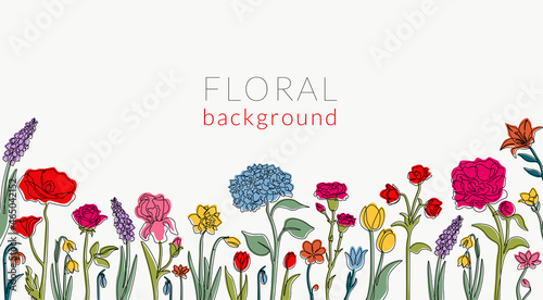 Line flower background. Abstract continuous line invitation frame with minimalistic botanical graphic collection. Vector horizontal banner with flowers