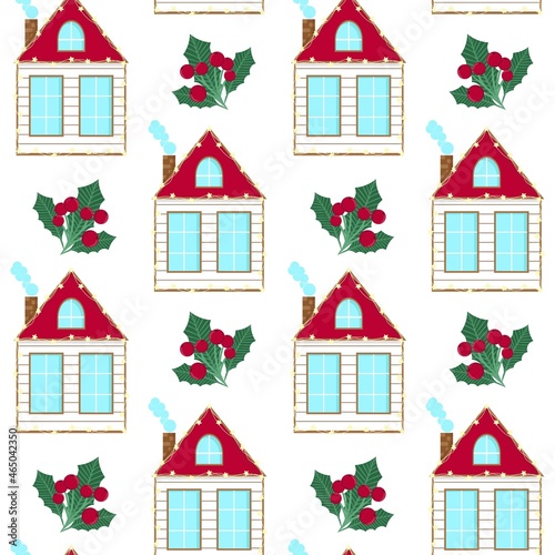 Decorated Christmas houses with holly and berries seamless pattern. Background with midi houses. Template for fabric  packaging and wallpaper  vector illustration.