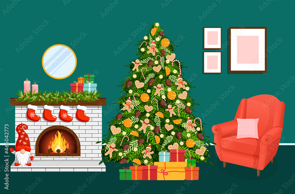 Christmas cozy home interior with fireplace, tree, gifts, armchair. Scandinavian and hygge style. Vector illustration of a room for a postcard, banner, poster, website.