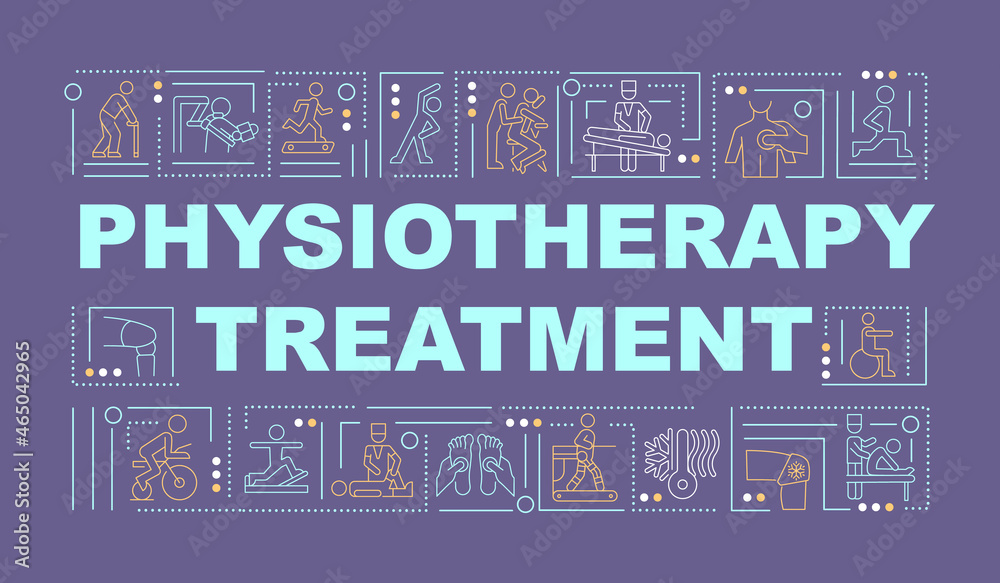 Physiotherapy treatment purple word concepts banner. Physical health. Infographics with linear icons on green background. Isolated creative typography. Vector outline color illustration with text