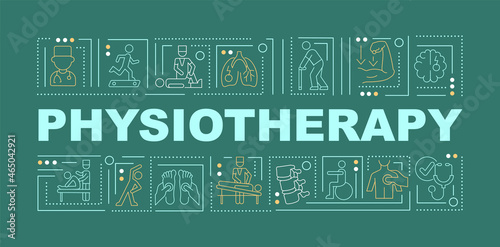 Physiotherapy green word concepts banner. Physical health care. Infographics with linear icons on blue background. Isolated creative typography. Vector outline color illustration with text