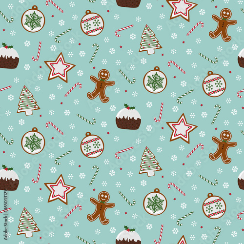 Seamless festive pattern of Christmas Puddings, Gingerbread shapes and Candy Canes.
