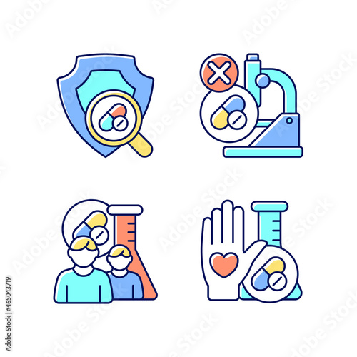 Clinical research facility RGB color icons set. Failed project. MAMS approach. Human volunteer. Checking safety of new drugs. Isolated vector illustrations. Simple filled line drawings collection