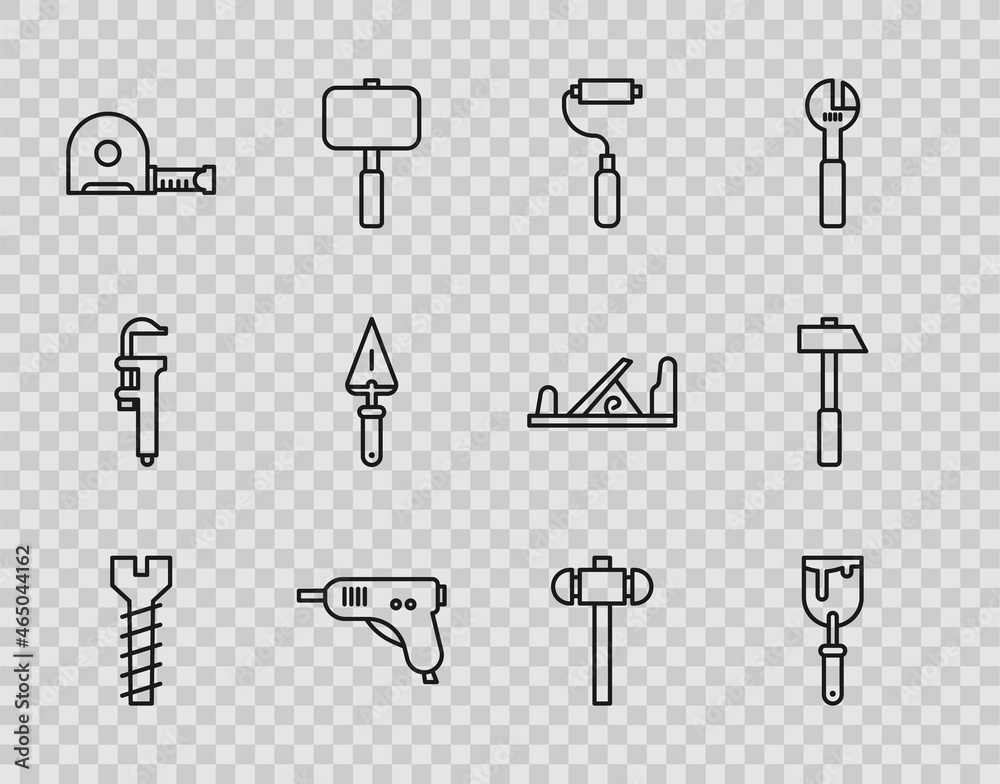 Set line Metallic screw, Putty knife, Paint roller brush, Electric hot glue gun, Roulette construction, Trowel, Sledgehammer and Hammer icon. Vector Set line Metallic screw, Putty knife, Paint roller brush, Electric hot glue gun, Roulette construction, Trowel, Sledgehammer and Hammer icon. Vector